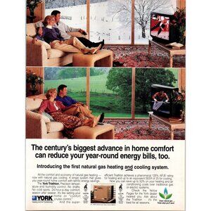 1996 York Triathlon Natural Gas Heat Pump Vintage Print Ad Couple on Couch Art